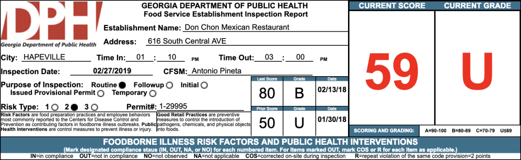 Don Chon Mexican Restaurant - Failed Atlanta Health Inspection