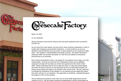 The Cheesecake Factory COVID-19 No Rent April 2020