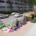 A conceptual rendering of a proposed parklet on Spring Street with bike parking.