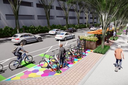 A conceptual rendering of a proposed parklet on Spring Street with bike parking.