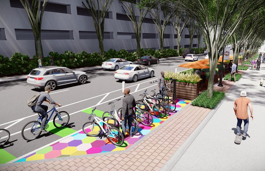 A conceptual rendering of a proposed parklet on Spring Street with bike parking.