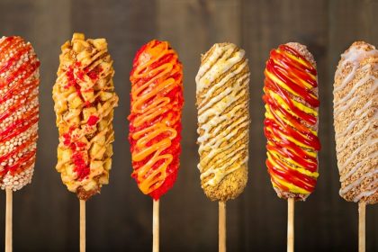 two hands fresh corn dogs spread