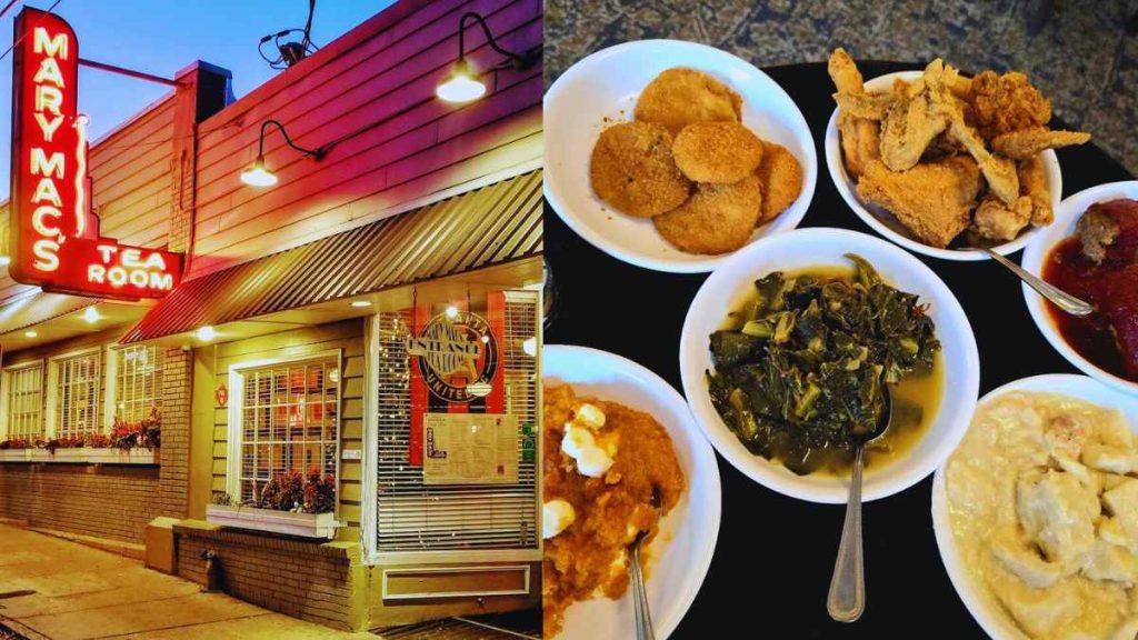 Menu highlights include tomato pie, Georgia Peach Cobbler, and shrimp and cheese grits.