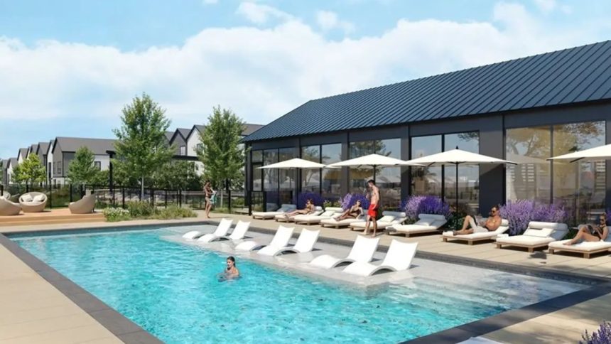 Construction is underway on the Crestview mixed-use community featuring apartments and townhomes in Allen, Texas.