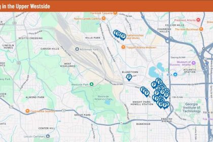 The map tool helps Atlanta locals find structured parking facilities spread throughout the neighborhood.