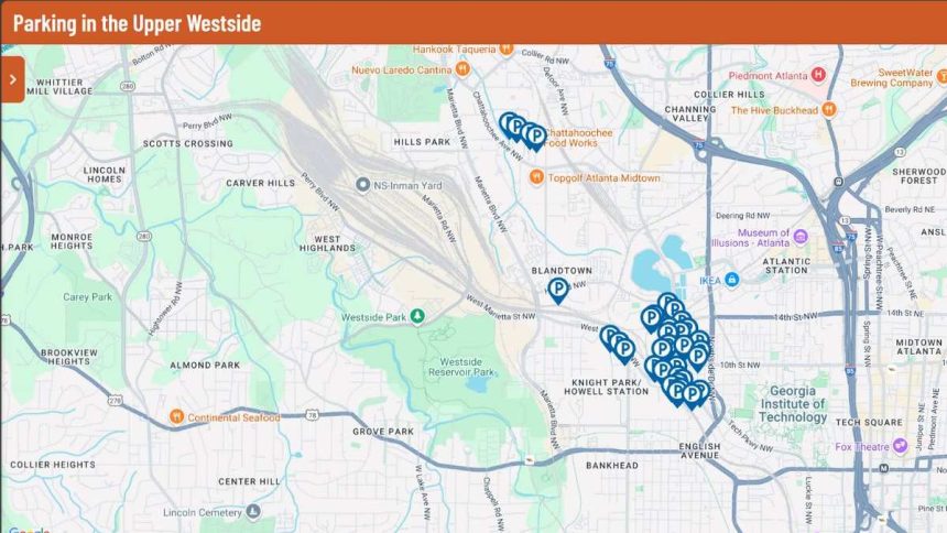 The map tool helps Atlanta locals find structured parking facilities spread throughout the neighborhood.