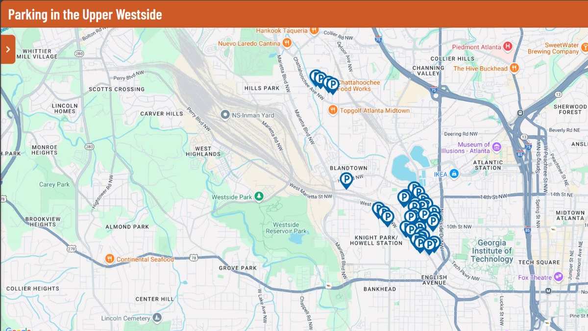 The map tool helps Atlanta locals find structured parking facilities spread throughout the neighborhood.