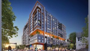 The mixed-use building brings 300+ housing units alongside a commercial space.