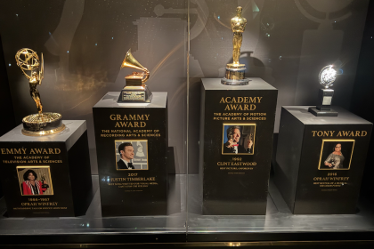 A rare sight: an Oscar, Emmy, Grammy, and Tony displayed side-by-side inside Fontainebleau Las Vegas’ new Hall of Excellence—bringing together some of the most coveted awards in entertainment history | Photo: Caleb J. Spivak for Whatnow Las Vegas