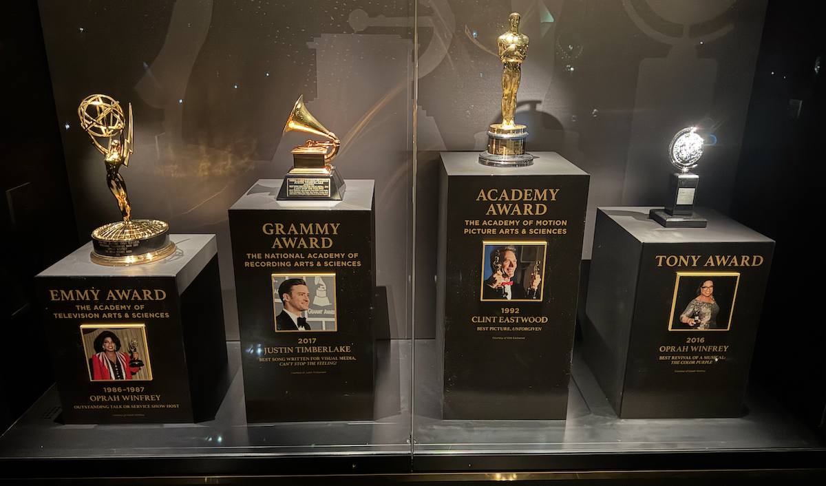 A rare sight: an Oscar, Emmy, Grammy, and Tony displayed side-by-side inside Fontainebleau Las Vegas’ new Hall of Excellence—bringing together some of the most coveted awards in entertainment history | Photo: Caleb J. Spivak for Whatnow Las Vegas