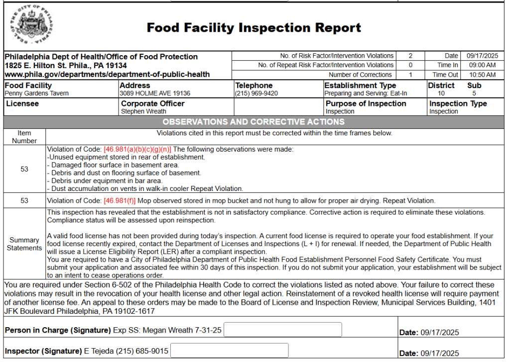 Philadelphia health inspection