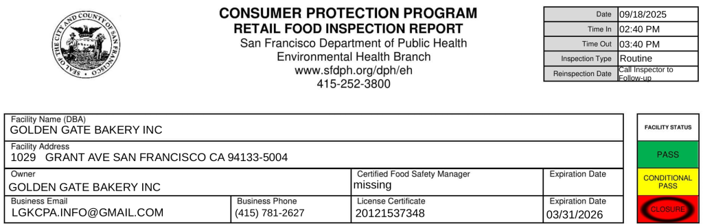 A screenshot of the health inspection report
