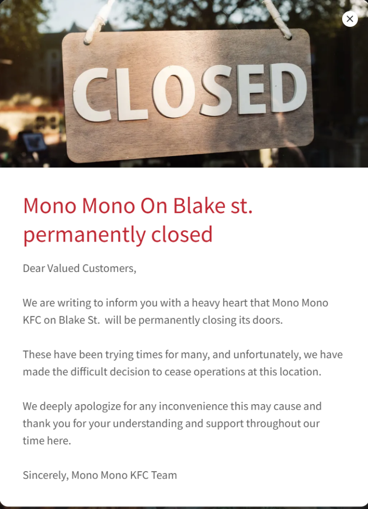 Mono Mono Korean Fried Chicken on Blake Street announces closure