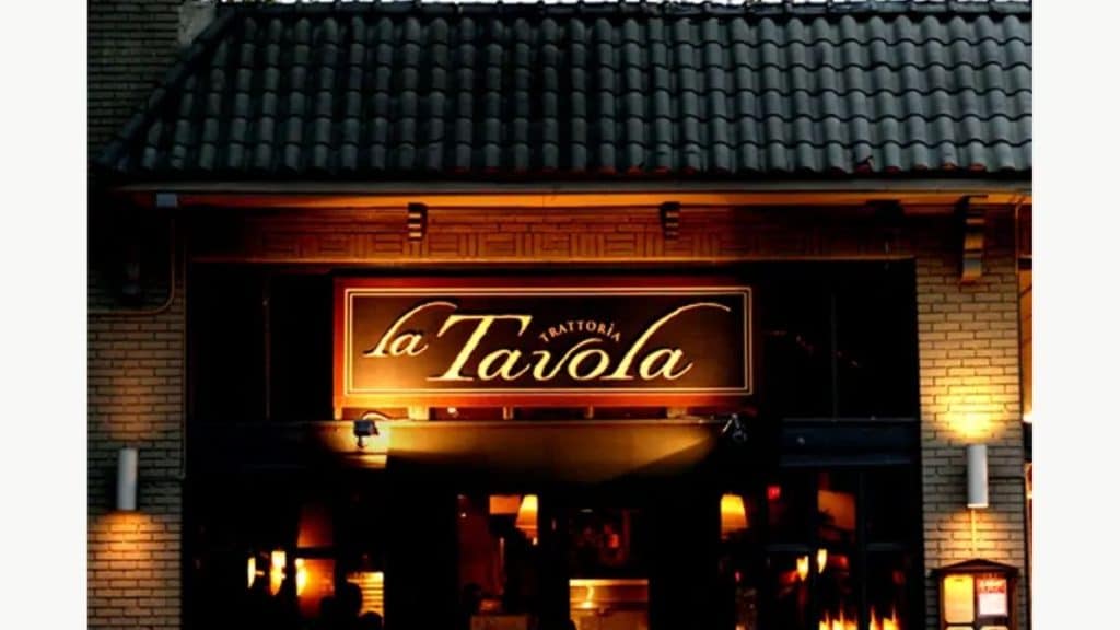 Outside image of La Tavola Trattoria, famous for veal meatballs, tiramisu, and squid ink pasta