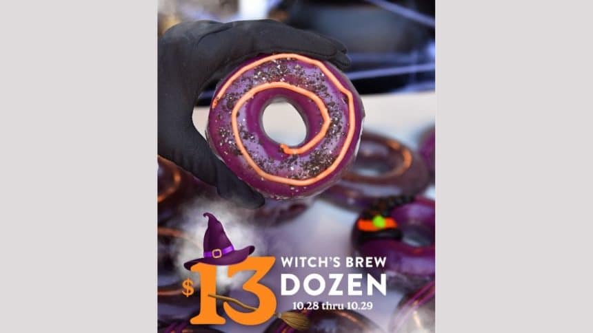 Krispy Kreme is brewing up something sweet this Halloween with its limited-edition Witch’s Brew Dozen doughnuts, available for a short time only.