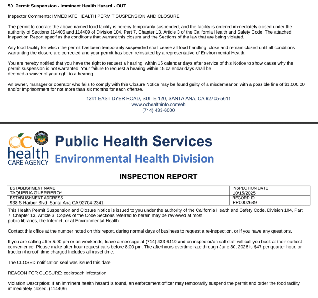 The restaurant was ordered to close temporarily after the health inspection, according to the report.