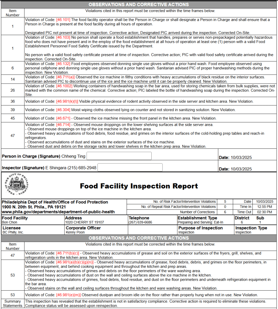 Based on the violations, the Philadelphia Department of Health concluded that Bon Chon was not in satisfactory compliance.