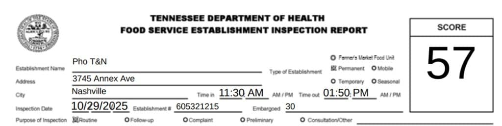 A screenshot from the Pho T&N official inspection report