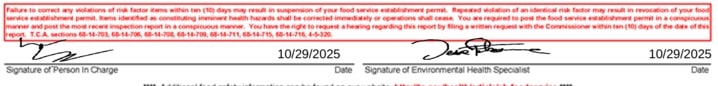 A screenshot from the official inspection report of the Pho T&N