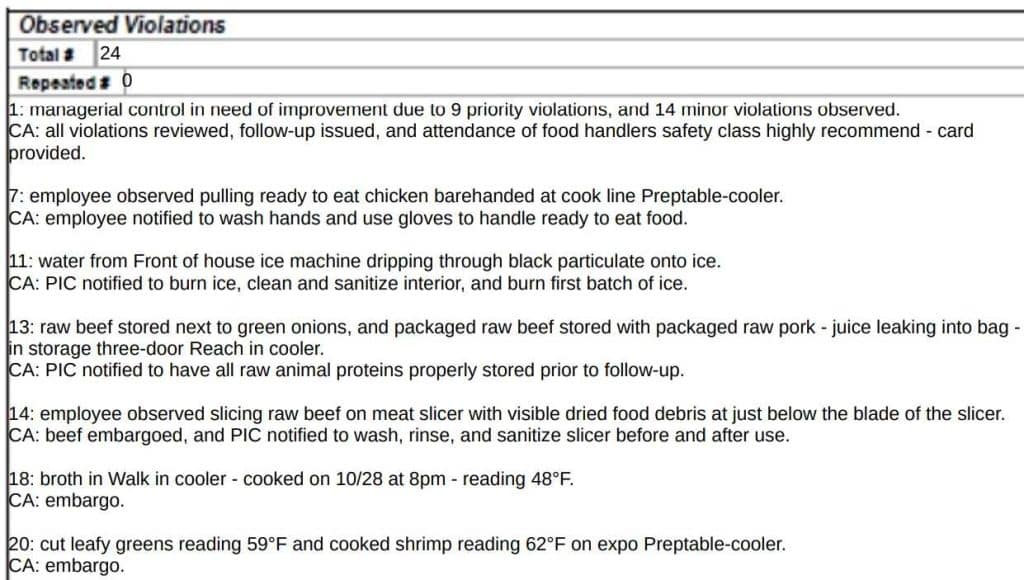 A screenshot from the Pho T&N inspection report