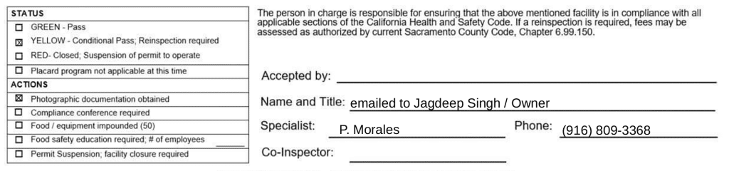 Screenshot of Taj Grill Indian Cuisine inspection report