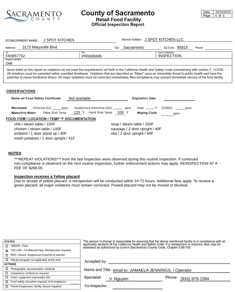 J Spot Kitchen’s inspection report stated that if more instances of repeat violations were found in the next routine inspection, enforcement actions may apply.