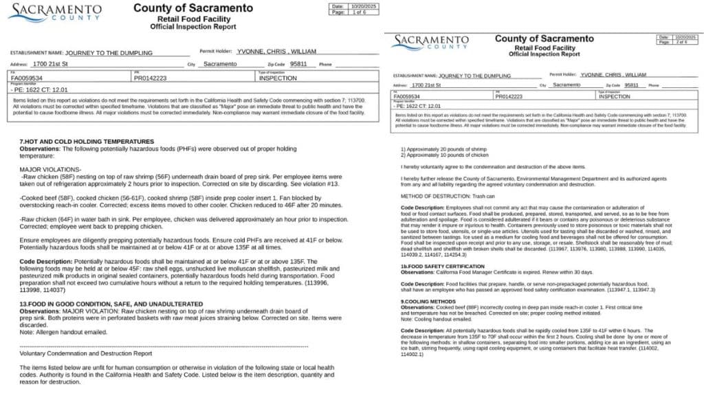 Journey to the Dumpling in Sacramento was cited for health code violations