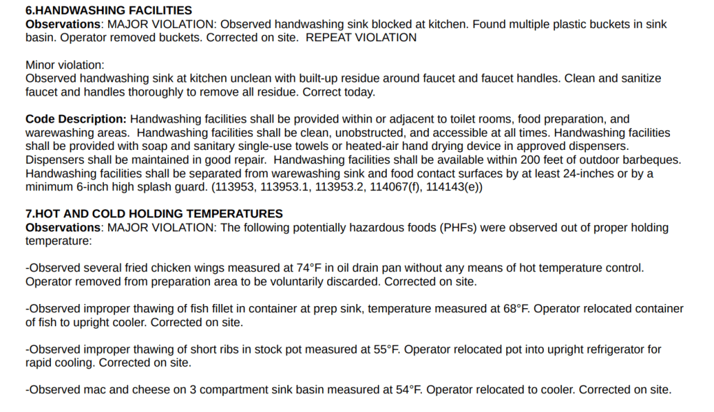 A screenshot of a few safety violations at the burger spot.