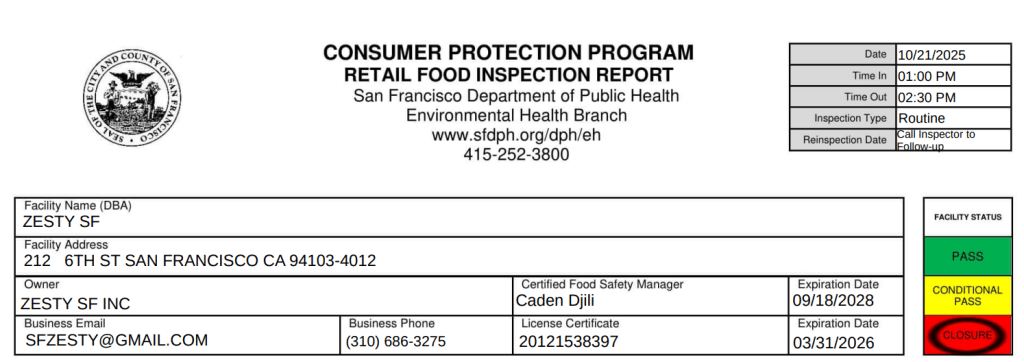 Zesty SF was asked to cease operations based on multiple food code violations.