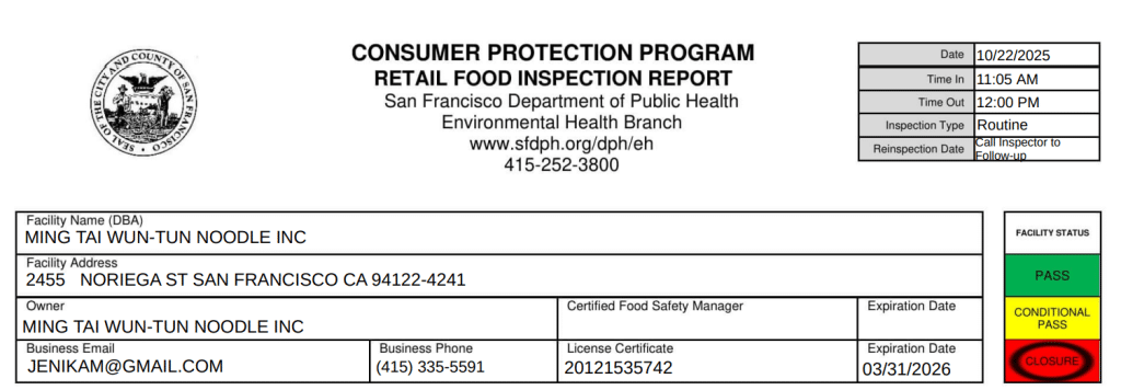 Screenshot of the inspection report showing the facility status as closed