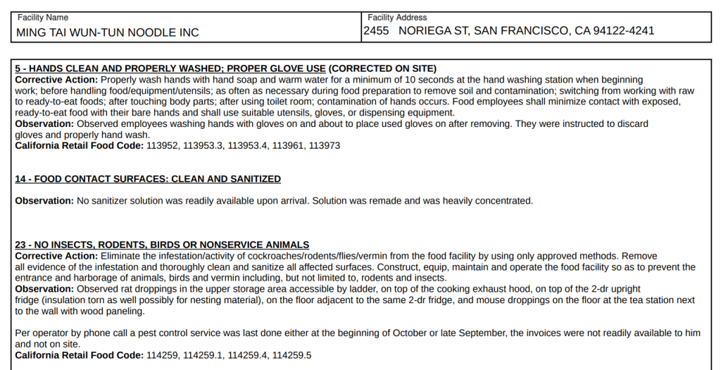 Screenshot of violations cited at Ming Tai Wun-Tun Noodle