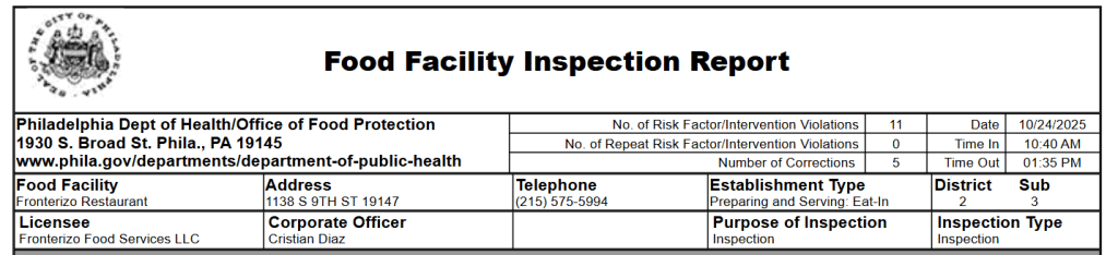 Screenshot of the food facility inspection report of Fronterizo Restaurant