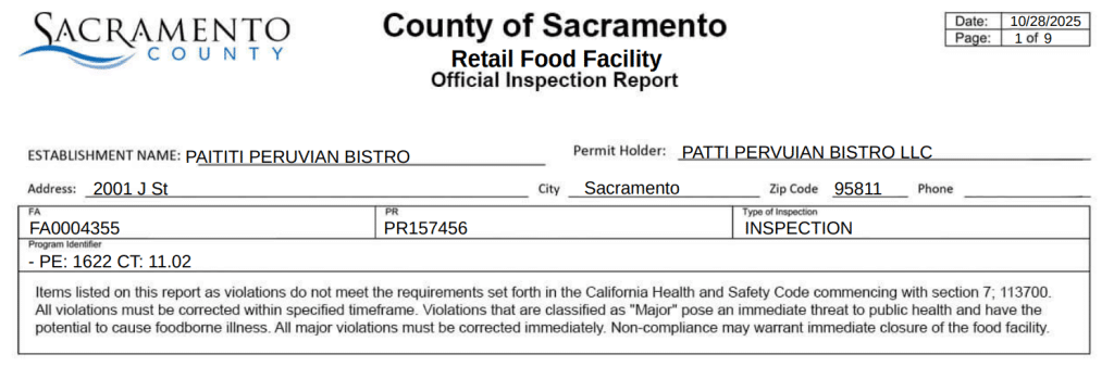 Screenshot of the health inspection report of Paititi Peruvian Bistro