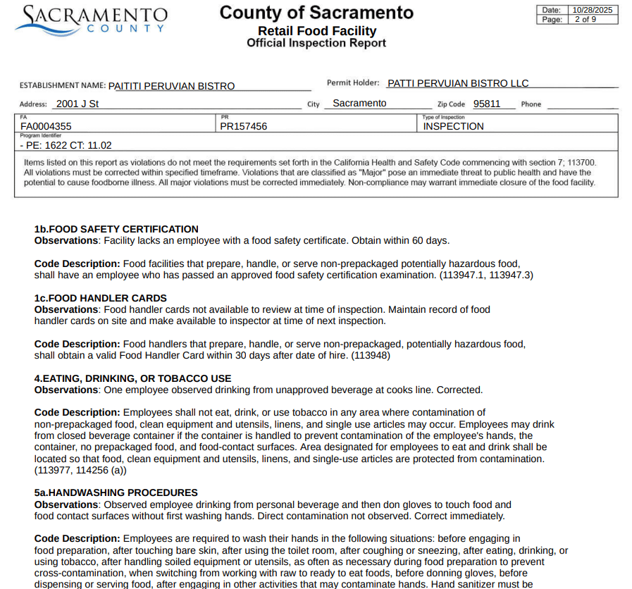 A screenshot of some of the violations cited at Paititi Peruvian Bistro