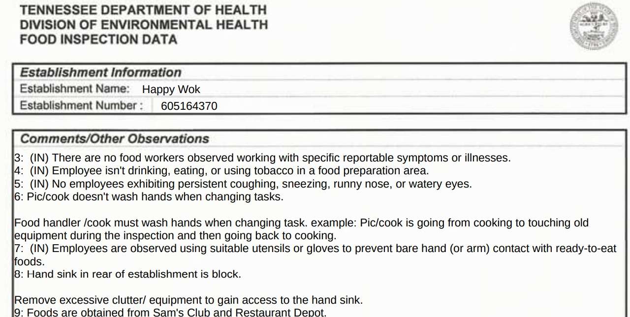 Screenshot from the Happy Wok inspection report