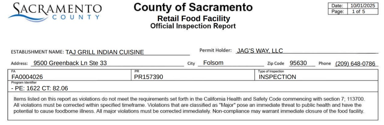 Screenshot of Taj Grill Indian Cuisine inspection report