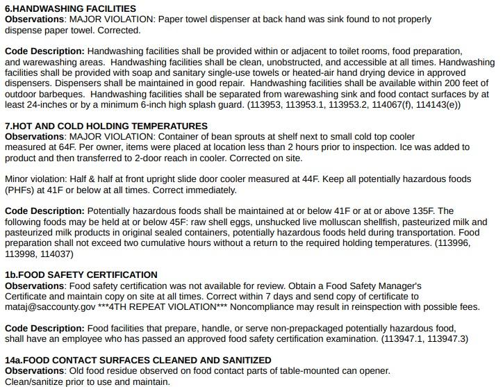 Baan Noodles Rice inspection report screenshot