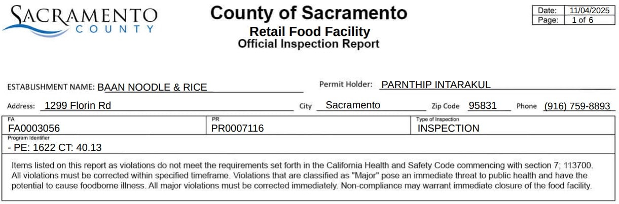 Screenshot of Baan Noodles Rice inspection report