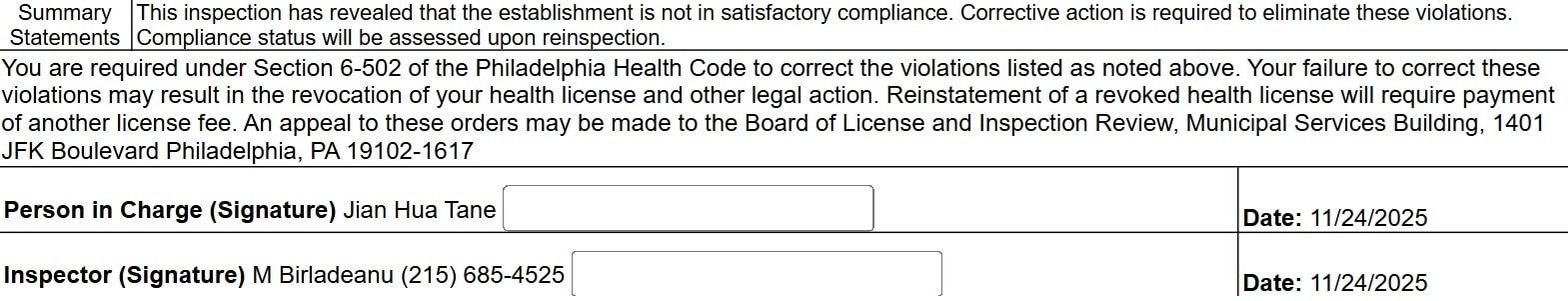 The restaurant is expected to eliminate all the violations observed in the report ahead of the reinspection.