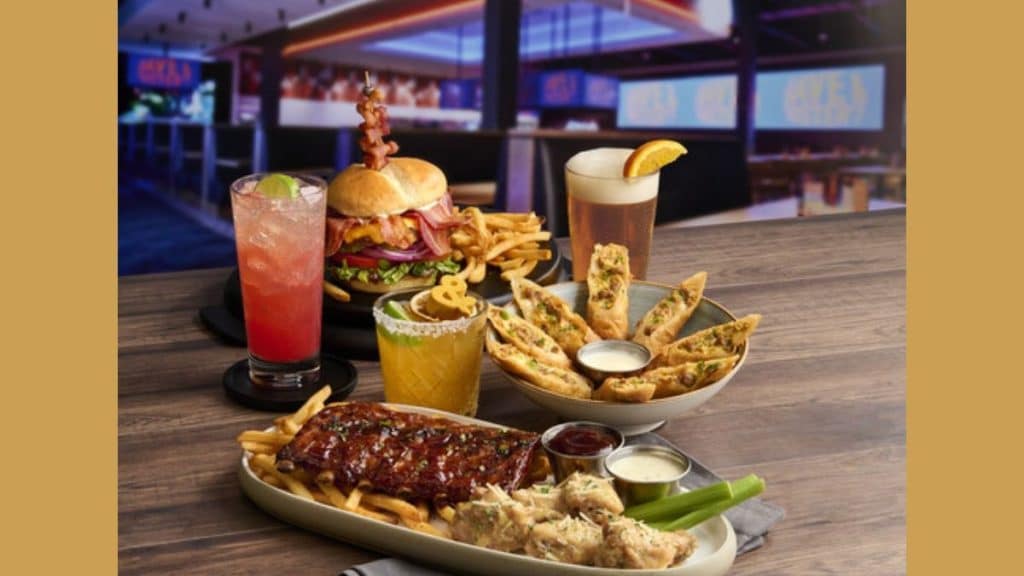 Food items and beverages served at Dave & Buster’s