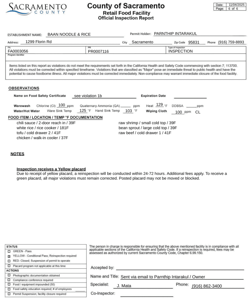 Screenshot of the official inspection report