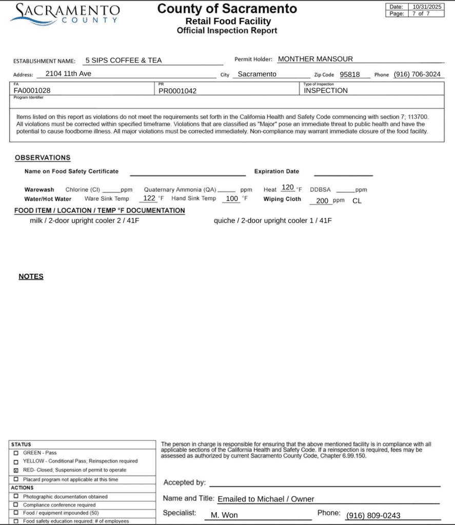 health inspection reflecting closure
