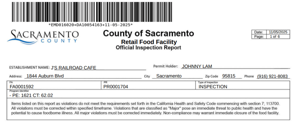 A screenshot of the health inspection report of J’s Railroad Cafe