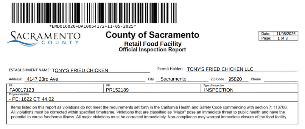 A screenshot of the health inspection report of Tony’s Fried Chicken