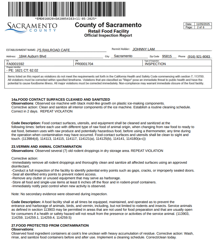 Screenshot of some of the violations cited at the restaurant
