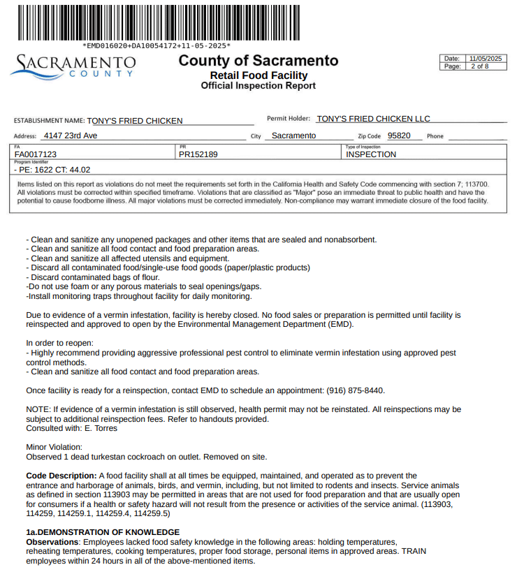 Screenshot of some of the violations cited at the restaurant