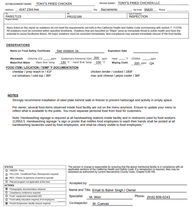 Screenshot showing the status of the facility after the inspection at Tony’s Fried Chicken