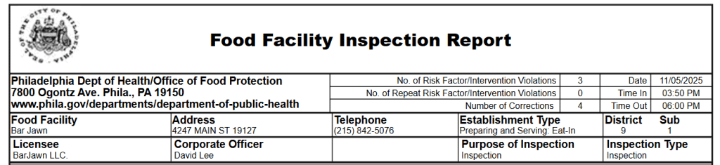 Screenshot of the inspection report of Bar Jawn