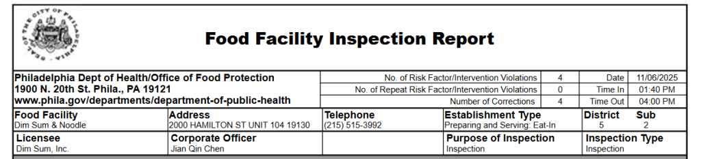 Screenshot of the inspection report of Dim Sum & Noodle