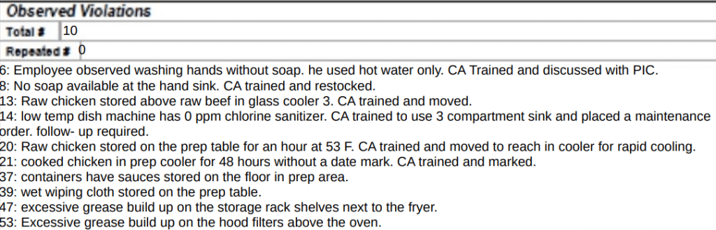 Here is a screenshot of all 10 violations listed in the report.